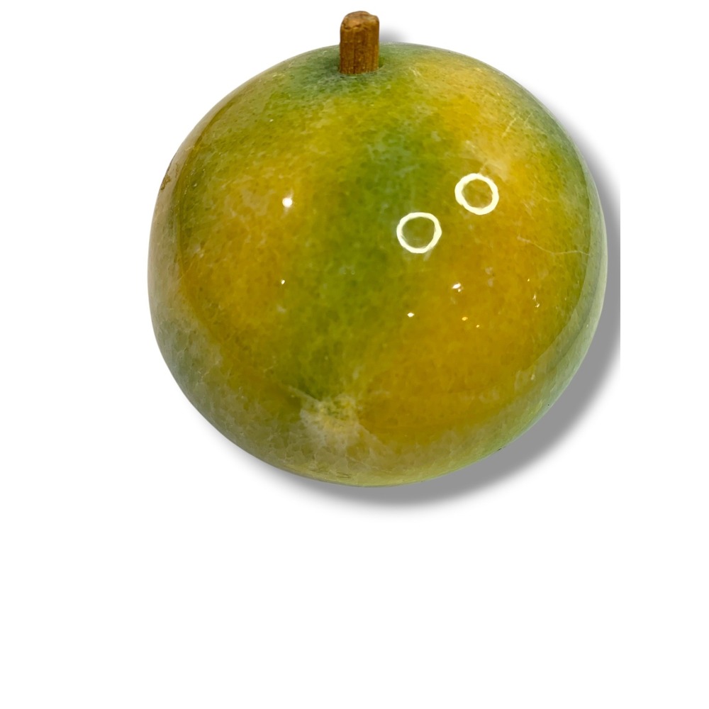 Apple Paperweight Marble Alabaster 2.8" Wood Stem Vintage Green Teacher Gift